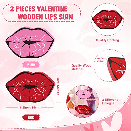 2 Pcs Lips Decor Wood Signs, Red Pink Kisses Mouth Table Centerpiece for Wedding Anniversary Romantic Home Decor Tiered Tray Decors Bedroom Bathroom Shelf Decoration, 6.3 x 3.5 x 0.47 Inch(Red, Pink) - color: Red, Pink
