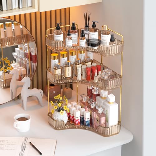 GTI 3-Tier Corner Bathroom Counter Organizer, Large Capacity Makeup Organizer Countertop, Perfume Cosmetics Skincare Vanity Organizers, Exquisite Countertop Storage for Women (Amber) - color: Amber, size: 10" x 10" x 17.5"