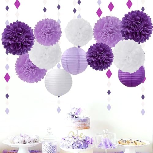 Purple-White Lavender Party Decorations Paper Flowers Lanterns - 15PCS Birthday Graduation Tissue Pom Poms Streamers, Baby Bridal Shower Wedding Retirement Bachelorette Hanging Supplies Decor Hugfond - color: White Light Purple Dark Purple