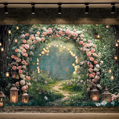 5x4ft Enchanted Forest Wedding Photography Backdrop Wonderland Roses Fairy Tale Backdrop Pink Flower Birthday Newborn Baby Shower Wedding Bridal Party Banner Photo Booth Props Anniversary Background - color: Multi6, size: 5X4FT