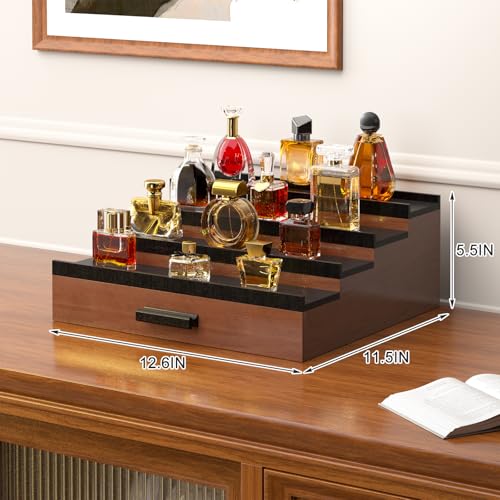 Vdamu Cologne Organizer for Men,4 Tier of Elevated Cologne Display Stand with Drawer Storage,Ladder Cologne Display,Perfume Organizer and Storage Display Risers,Great Gift for Men (Walnut Black) - color: WalnutBlack
