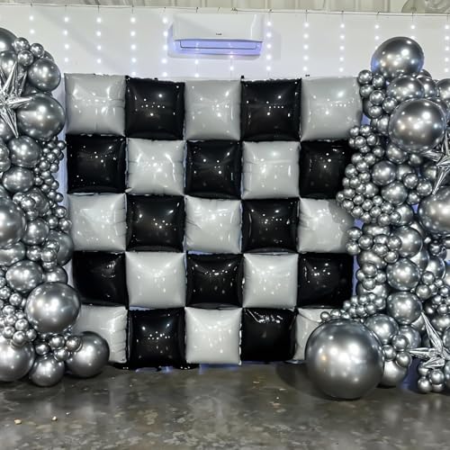 Black White Square Foil Balloon Wall,25Pcs Double Sided Checkered Balloons Backdrop Helium Balloon Tunnel Arch Garland Kit for Birthday Bridal Anniversary Baby Shower Party Decorations - style: Black White