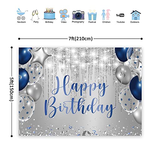 Riyidecor Royal Navy Blue Silver Happy Birthday Backdrop Party Decorations for Men Boys 7Wx5H Feet Polyester Fabric Balloon Diamond Sparkle Bday Photography Background Decor Banner Studio Photo Shoot - color: A 01 Blue, size: 7Wx5H