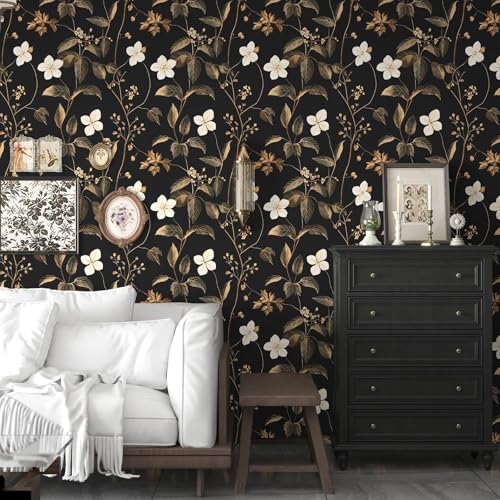 Dark Floral Peel and Stick Vintage Floral Wallpaper Vinyl Gold Leaf Contact Paper for Cabinet Waterproof Self Adhesive Wall Paper 17.5" x 118" - color: Gold Floral, size: 17.5" x 118"