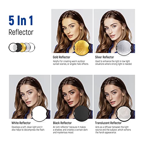 NEEWER 22"/56cm Light Reflector with Handle Grip with 3/8" Thread, 5 in 1 Collapsible Disc Light Diffuser Translucent/Silver/Gold/White/Black for Photography Lighting, Outdoor Lighting, RF-56II - style: 56cm
