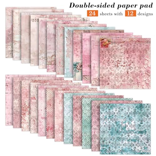 6 Inch Retro Pink Scrapbooking Paper Pad - 24 Sheets Double Sided Aesthetic Design Cards Paper for Photos Album Journals Material Decorative Collage Origami DIY Crafts Gifts Wrapping - color: Pink Teal Lace