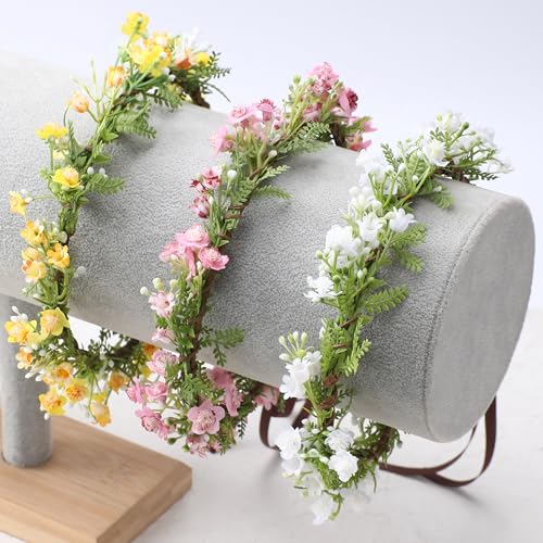 Pink Bohemian Flower Crown - Pink Babys Breath Flower Headband with Green Leaf Bohemian Floral Headpiece Hair Wreath for Women Wedding Halloween Christmas - color: Light Pink