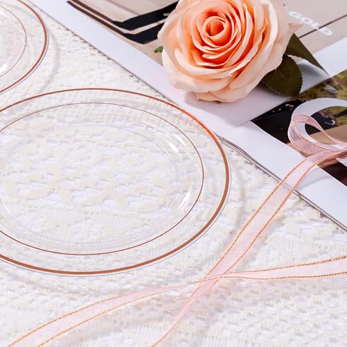 bUCLA 100PCS Clear Rose Gold Plastic Plates Disposable - Heavy Duty 6.25 Inch Clear Plastic Dessert Plates with Rose Gold Trim - Ideal for Party, Wedding & Mother's Day - color: Clear Rose Gold