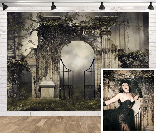 Gothic Backdrop Fabric 12x8ft Vintage Stone Garden Gates Backdrops Ivy Arch Dark Forest Photography Background Birthday Party Decorations Outdoor Wedding Banner Portrait Photo Booth Props - size: 12x8FT