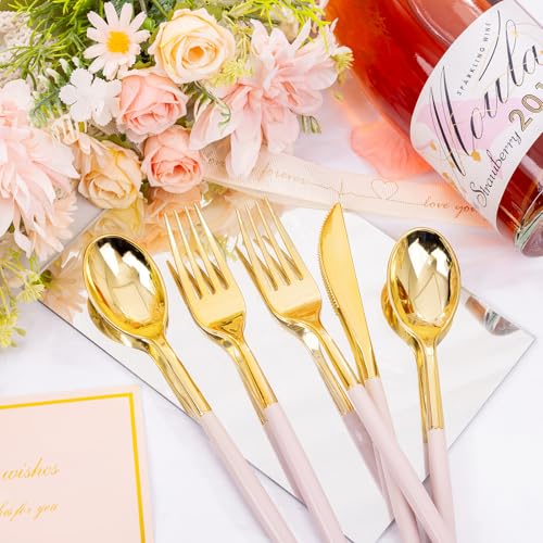 SUT 160Pcs Pink and Gold Plastic Silverware, Heavy Duty Plastic Silverware, Valentines Plastic Utensils, 80 Plastic Forks, 40 Knives, 40 Spoons, Disposable Cutlery for Parties, Valentines(Pink Gold) - style: Pink Gold