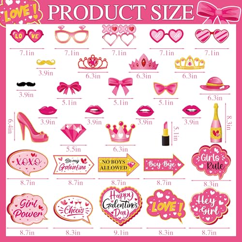 Galentines Day Photo Props - 33 Pcs Hot Pink Sweet Makeup Glasses Photo Booth Prop for Princesses Girl Selfie Photography Decorations Valentine Photobooth Party Supplies for Girlfriends - color: Galentines