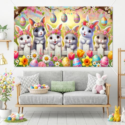 BlissYard Happy Easter Bunny Banner Spring Easter Banner Decorations 71x43 Inch Floral Rabbits with Eggs and Flowers Cute Holiday Backdrop for Yard Porch Party Kids Egg Hunt Celebration Seasonal Outdoor Display Decor - color: Multicolor