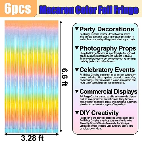 6 Pack Light Raainbow Foil Fringe Curtain Backdrop, 3.28Ft x 6.6Ft Metallic Tinsel Foil Fringe Streamer Curtains for Photo Booth, Christmas Day, Thanksgiving, Wedding, New Year Party Decorations - color: Light Rainbow