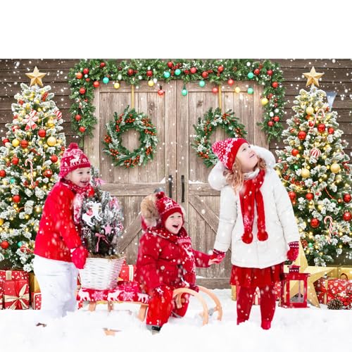 Christmas Backdrop for Photography 7x5Ft Winter Scene with Tree Christmas Photo Backdrop Party Derorations Rustic Barn Wood Door Family Xmas Holiday Party Wall Decor 82X59inch