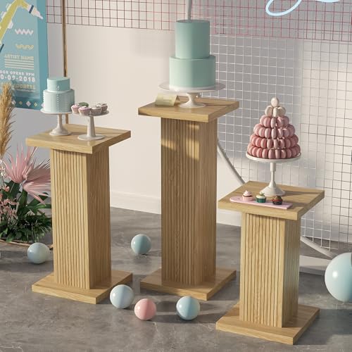 Mxtxmy 3PCS Square Pedestal Stand for Party,Wood Display Pedestal Stands for Parties,Fluted Plinth Pillars Table for Wedding Birthday Baby Shower Decor
