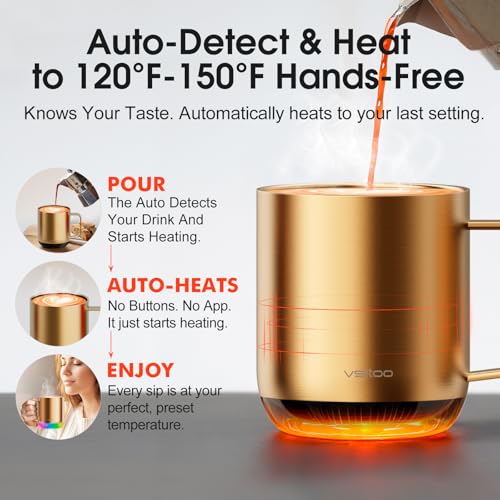 Vsitoo S6 Plus Smart Coffee Mug, 12oz,Temperature Controlled Mug & Electric Coffee Mug with Music Sync Lights,Auto-Sensing AI Heats Drinks to 120-150°F Hands-Free. Ideal for Home/Office/Gifts - Gold - color: Gold