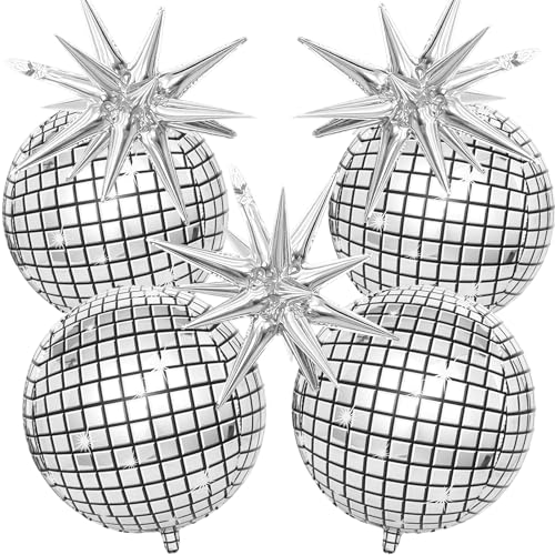 HILAVO 22 Inch Large 4D Metallic Silver Disco Ball Balloon with Explosion Star Foil Balloons for 70s 80s 90s Themed Party, Birthday, New Year, Graduation - color: Disco Ball Star