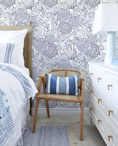 Wudnaye Navy Blue Floral Peel and Stick Wallpaper Blue and White Wallpaper 16.9"×118" Navy Floral Stick and Peel Wall Paper Flowers Contact Paper Self Adhesive Removable Waterproof for Bathroom Decor - color: Blue, size: 17" x 118"