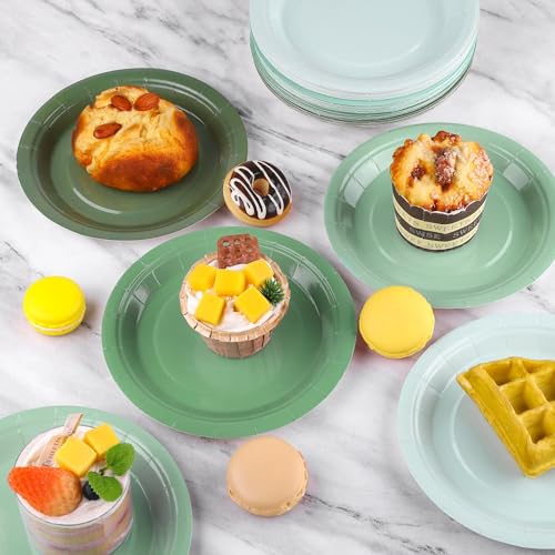 Breroa 72 Pieces Sage Green Paper Plates 7 Inch Disposable Dessert Plates Sage Green Birthday Decorations Heavy Duty Gradient Paper Plate Table Decor for Bridal Baby Shower Wedding Party Supplies - color: Gradient Green