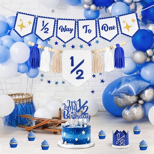 1/2 Birthday Blue Half Birthday Decorations - Blue Star It's My 1/2 Birth Banner, Glitter Cake Topper Tassel Wood Bead High Chair Banner & Crown, Hat Halfway to One Boy Girl Party Supplies - color: Star Blue