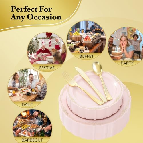 Fijinhom 175 PCS Pink Disposable Plates, Elegant Dinnerware Set for 25 Guests, 50 Plastic Plates, 75 Silverware, 25 Cups & 25 Paper Napkins, Pink - color: Pink Gold Pattern, size: 25 Guests-175pcs