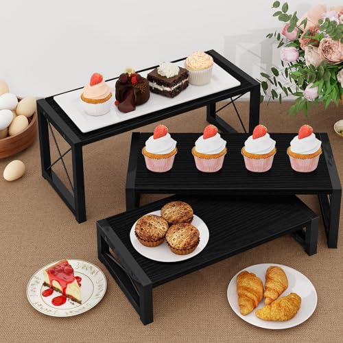 ELITEROO Black 3-Tier Wooden Cupcake and Dessert Display Stand, Multi-Tier Riser for Cupcakes, Food, Perfume, Makeup, Dolls, Collectibles, and Market Vendor Retail Shelf Organizer - color: Black
