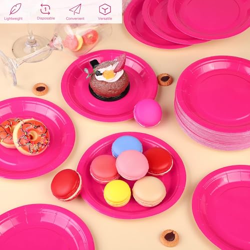 Breroa 72 Pieces Hot Pink Paper Plates 7 Inch Bulk Paper Plates Disposable Round Dessert Plate Heavy Duty Solid Color Plate Table Decors Party Supply for Birthday Party, Dinner Table, Wedding - color: Hot Pink