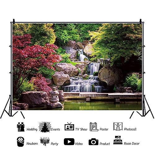 20x10ft Japan Garden Landscape Backdrop Retro Style Park View Photography Background Waterfall Maple Trees Bridge Kyoto Garden Travel Children Portrait Photo Props Japanese Backdrop for Party - size: 20x10ft
