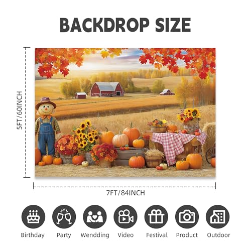 Fall Photography Backdrop 7x5ft, Autumn Maple Leaves Photo Background, Pumpkins Background for Thanksgiving Party, Farm Harvest Photo Booth Props - color: Autumn Backdrop-2, size: 7×5ft