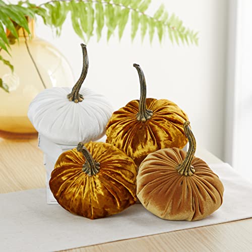 Set of 4 Small Velvet Pumpkins, Handmade Home Decor, Holiday Mantle Decor, Fall Halloween Thanksgiving Centerpiece, Rustic Fall Wedding Centerpiece (2 Luxe Medallion, Ivory, Gold) - color: 2 Luxe Medallion, Ivory, Gold