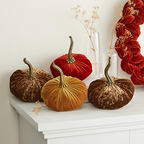 Your Heart's Content Set of 4 Small Velvet Pumpins, Earth Tone Taupe Mantel, Gold Pumpkin Centerpiece, Neutral Farmhouse Decor, Pumpkin Centerpiece for Weddings, Orange (2 Luxe Sand, Rust, Gold) - color: 2 Luxe Sand, Rust, Gold