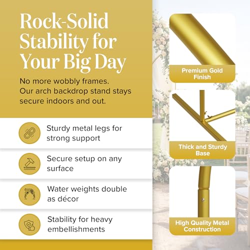 Metal Arch Backdrop Stand and Cover Set – 3 Gold Frames (7.2ft, 6ft x2) with White Wrinkle-Free Spandex Covers, Water Weights, Bags & Case – Wedding, Birthday, Baby Shower, Party Decor