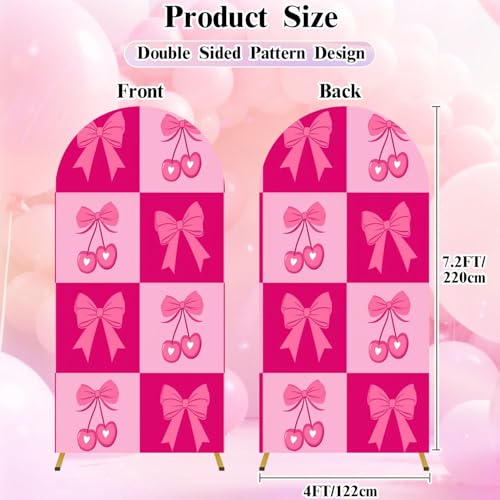 7.2FT Wedding Arch Backdrop Cover Seamless Checkered Pink Cherries Bows Graphics Spandex Fitted Fabric Round Top Stretchy Stand Covers for Baby Shower Birthday Party Decoration - color: Color8, size: 7.2x4 FT