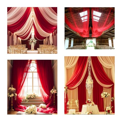 DUOBAO Chiffon Ceiling Drapes 20ft Red Wedding Backdrops 4 Panels 5×20ft Sheer Backdrop Curtains for Reception Wedding Ceremony Dark Red Sheer Arch Drapes Fabric Event Party Supplies - color: Red, size: 60"W x 240"L (Pack of 4)