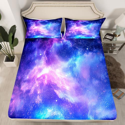 Purple Galaxy Bedding Set Twin Kids Teens Girls Boys Starry Sky Fitted Sheet Space Universe Star Design, Soft Breathable Microfiber Home Decorative 3 Pcs Bedding Decor Set with 1 Flat &1 Pillowcase - color: Wt3, size: Twin