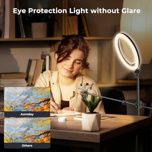 Aureday 12" Overhead Ring Light with Stand, Dimmable Ringlight with Phone & Mic Holder, 62" Adjustable Tripod for Video Recording, Live Streaming, Tiktok, YouTube, Makeup, Cooking - color: BLACK, size: 12in-microphone&phone