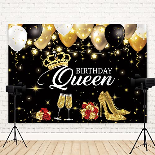 Newsely Black Gold Birthday Backdrop Banner, Queen Birthday Backdrop Background for Women Photography Party Decorations Banner Photo Booth Props Supplies 7Wx5H - color: E-Black, size: 7Wx5H