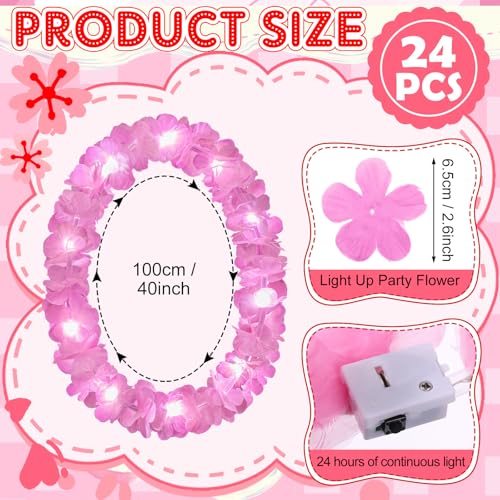 Sherr 24 Pcs LED Light Pink Leis Light up Wedding Hawaiian Leis Flower Necklace with LED Lights Beach Tropical Carnival Party Wedding Supplies Luau for Masquerade - color: Baby Pink