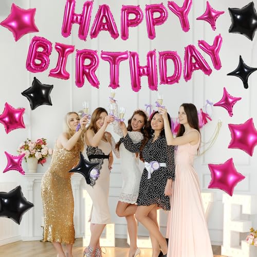 TONIFUL 35PCS Hot Pink Happy Birthday Decorations Kit 16 Inch Happy Birthday Balloon Banner with Star Balloons Mylar Foil Birthday Party Decorations Supplies for Men Women Adults Girls Boys Kids - color: Hot Pink Set