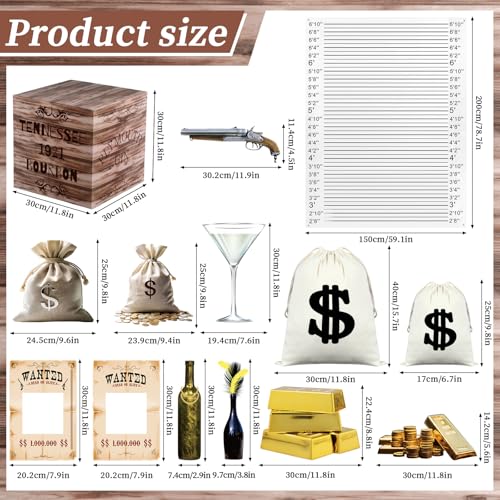 Eaasty 19 Pcs Roaring 20s Party Decorations Photo Booth Props Speakeasy Decor Height Chart Backdrop Wood Grain Boxes Wanted Sign Dollar Sacks for Retro Jazz Twenties 1920 Party Decor