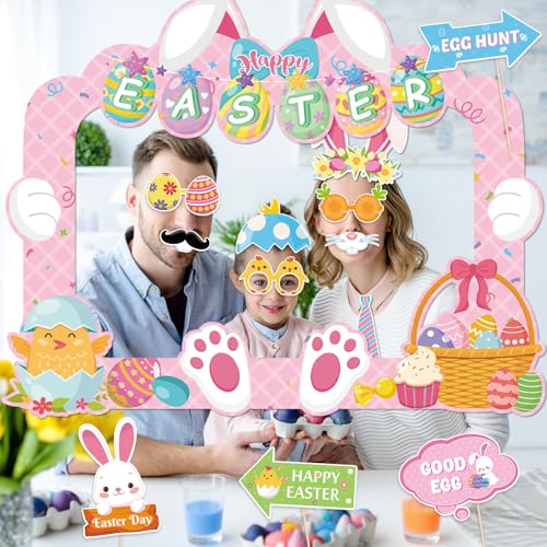 HOWAF Easter Photo Booth Props, 25pcs Happy Easter Party Decorations Photoshoot Props with Photo Frame, Egg Bunny Selfie Props for Spring Easter Photography