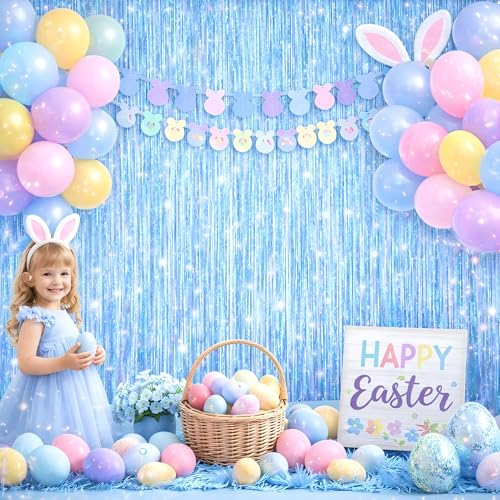 Foil Fringe Curtain Easter Decorations for Home - Melsan 3 Pack 3.2 x 8.2 ft Tinsel Curtain Party Photo Backdrop for Birthday Party Baby Shower or Graduation Decorations Light Blue - color: Light Blue