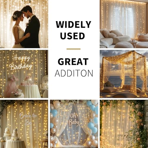 Ivory Tulle Backdrop Curtain with Lights - 10x8ft Sheer Backdrop with 250 LEDs for Wedding, Baby Shower, Bridal Shower, Birthday Party Photo Shoot Background and Home Decorations - color: Ivory, size: 10 x 8 Feet