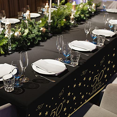 Gatherfun 50th Birthday Disposable Tablecloth 4 Pack Gold and Black Waterproof Plastic Table Cover for Men Woman 50 Birthday Party Decorations - color: 50th