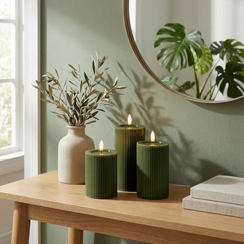 Fluted Ribbed LED Pillar Candles, Loden Green, with Realistic Reflective Melted-Wax Effect – Flickering Flame, Remote, Dimmable, Flameless, Battery Operated, Home & Wedding Decor (Set of 3) - color: Loden Green
