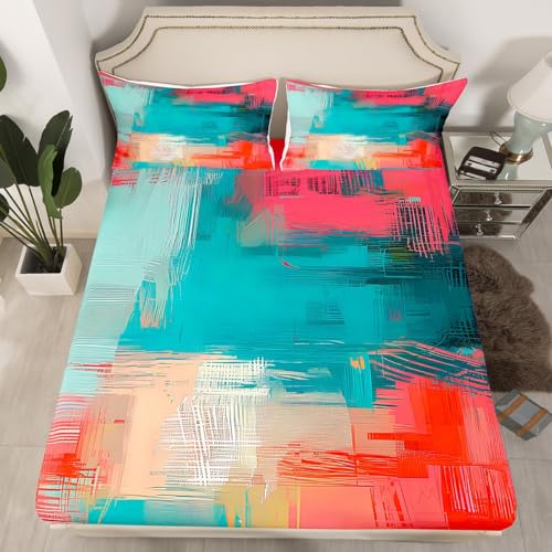 Erosebridal Red Teal Ombre Fitted Sheet Vintage Artwork Bed Sheets Queen Size,Retro Watercolor Grunge Sheet Set for Kids Child,Hippie Artsy Urban Art Bed Cover Bohemian Decor - color: Multi 19, size: Queen