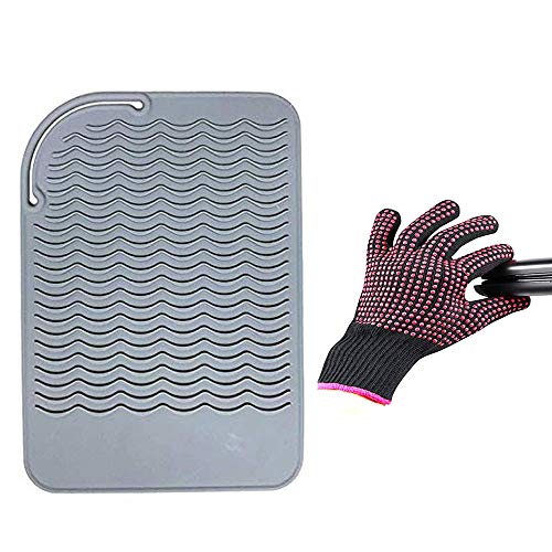 Heat Resistant Glove with Silicone Bump Mat for Curling Iron, Hair Straightener, Flat Irons - 9 x 6.5 Food Grade Mat, Grey - color: Grey G