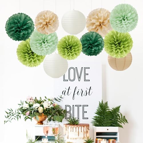 Sage Green-Boho Party-Decorations Paper Flowers Lanterns - 15PCS Birthday Gender Neutral Baby Shower Tissue Pom Poms Streamers, Champagne Gold Rustic Wedding Graduation Hanging Supplies Decor Hugfond - color: Olive Green Milky White Champagne