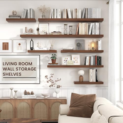 Venusmiles Floating Shelves for Wall, Engineered Wood Wall Shelves with Invisible Brackets for Living Room Bedroom Bathroom Office Kitchen Decor and Storage (Walnut, 24" W x 9" D x 1.5" H) Set of 2 - color: Walnut, size: 24"W, Set of 2