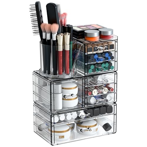 SuoXing 3 Pack Clear Acrylic Makeup Organizer for Vanity With 9 Drawer, Skincare Organizers Countertop With Make up Brush Holder,Bathroom Make up Drawer Storage for Beauty,Hair Accessories Organizer | Cute